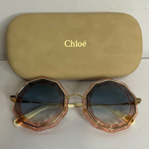 Chloe Accessories - HP! 💕NWT Chloe’ pink large round scalloped edged blue lens gold sunglasses!